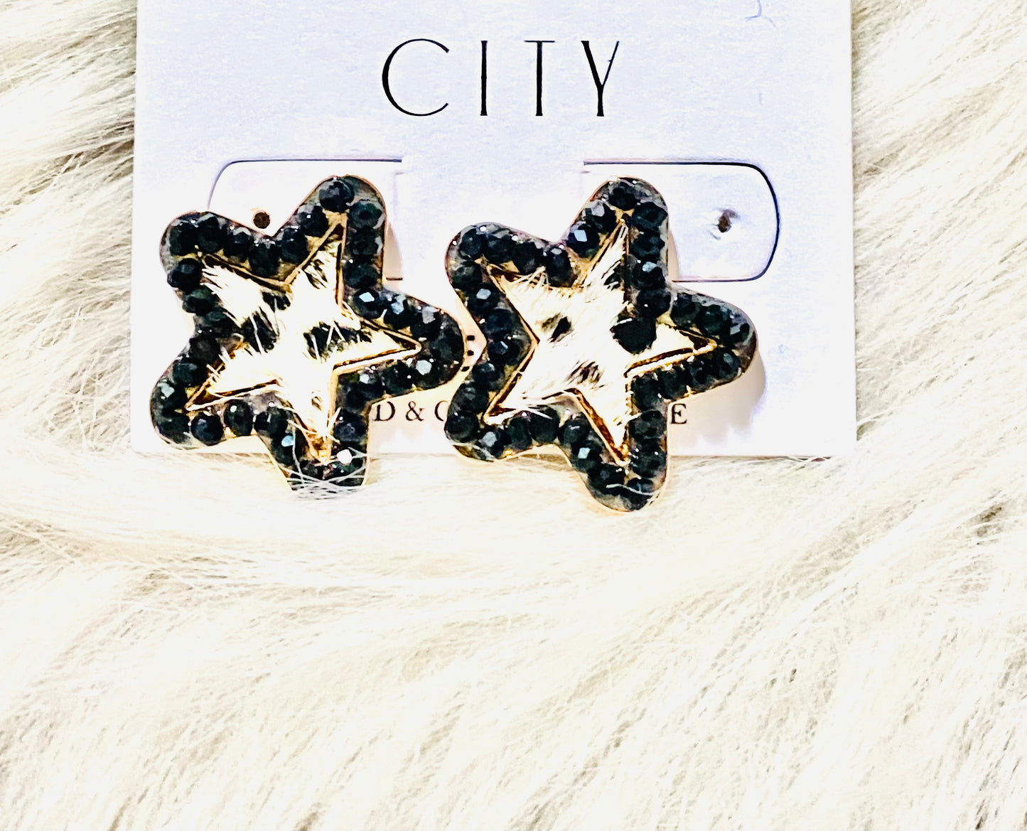 Star Cow Fur Black Rhinestone Stud Earrings