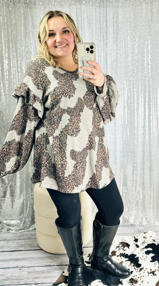 Leopard Long Belle Ruffle Sleeve Sweater