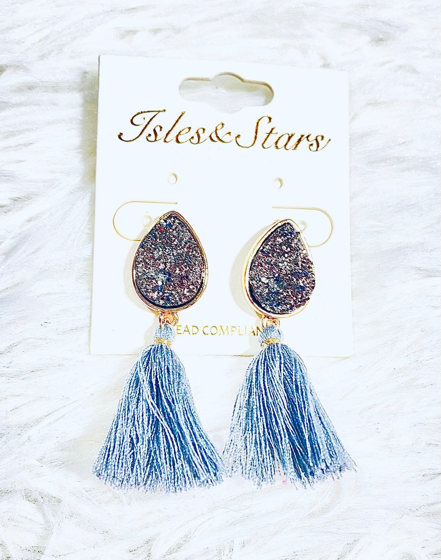 Grey Teardrop Druzy Tassel Earrings