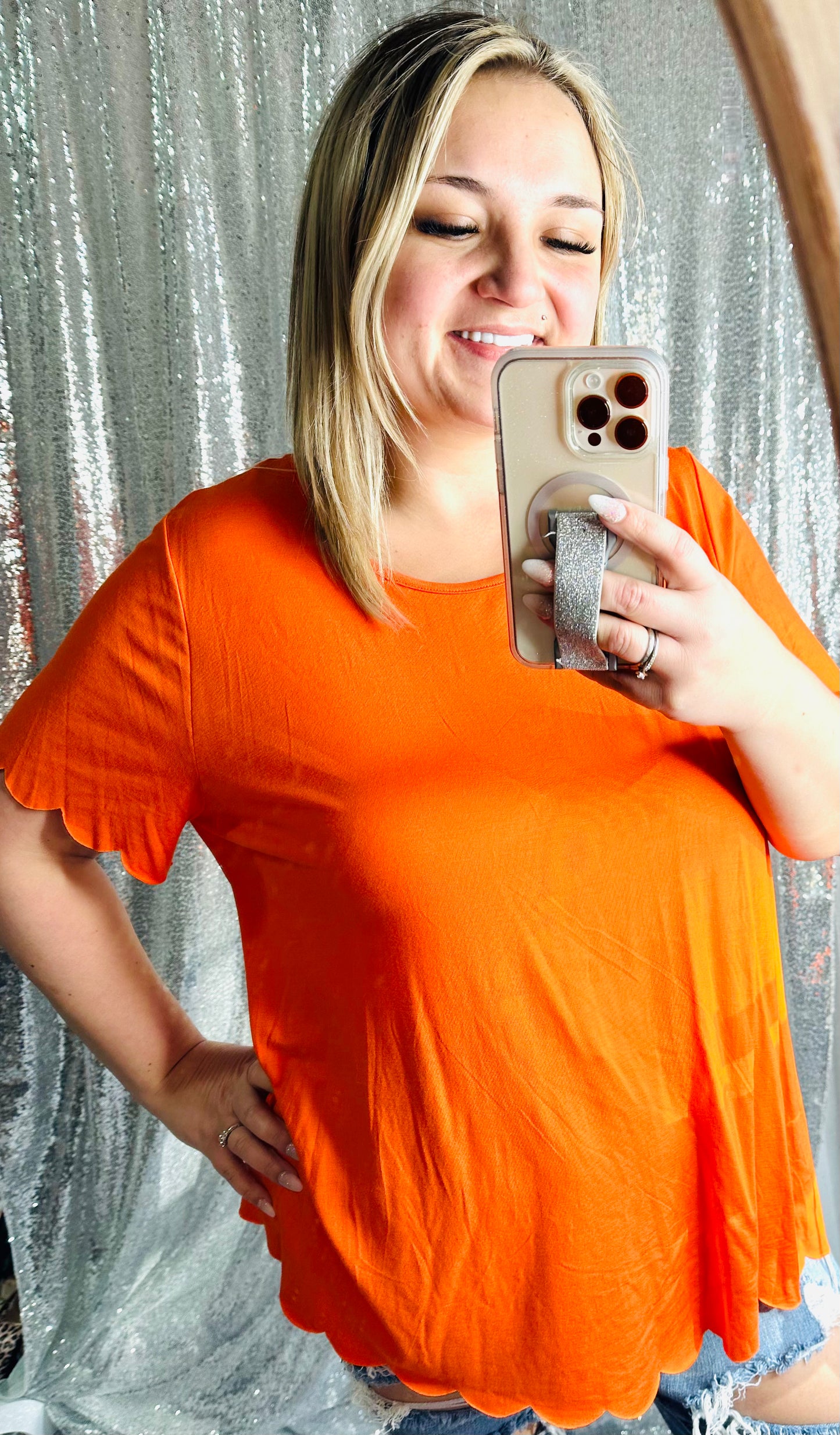 Orange Scallop Flowy Short Sleeve Top