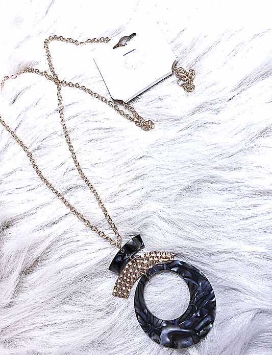 Long Black Granite Circle Pendant Necklace