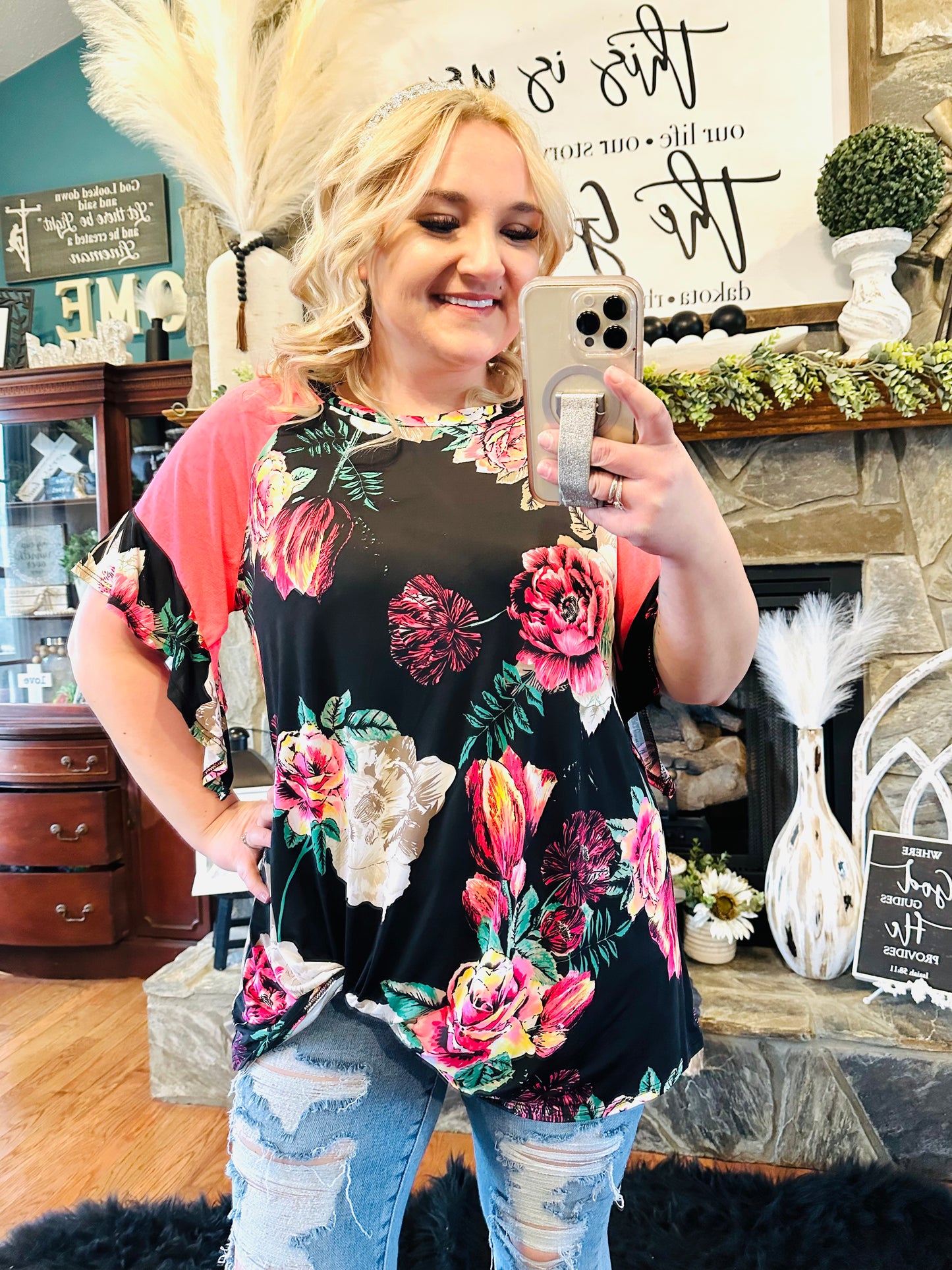 Pink / Black Floral Flowy Top