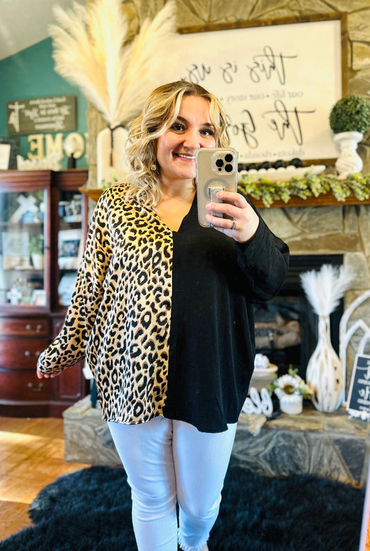 Jodifl Leopard Print Colorblock Long Sleeve Top