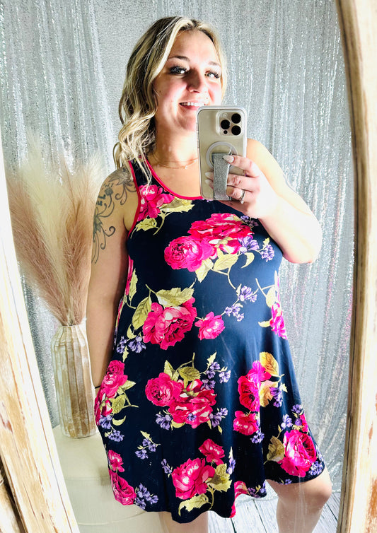 Dark Blue & Pink Floral Tank Dress