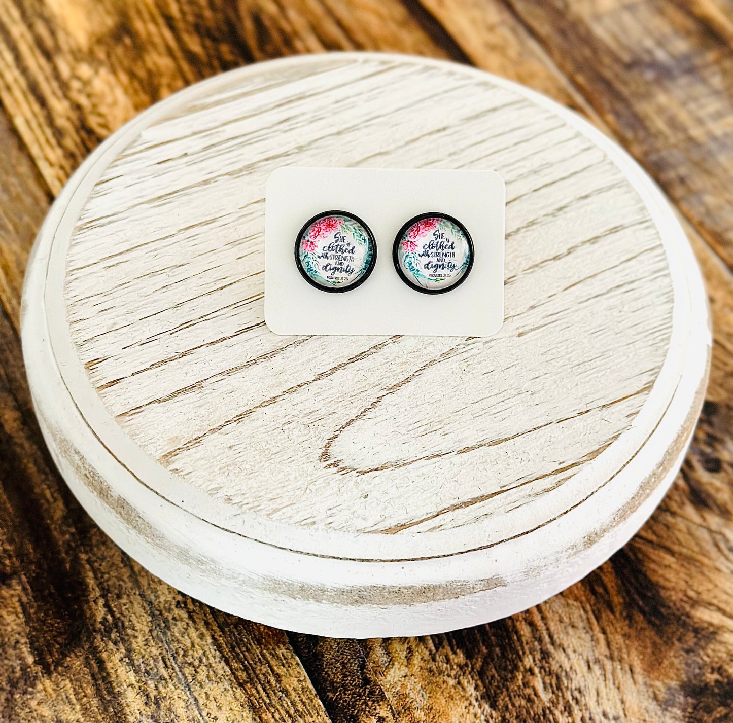 She Is Clothed Bible Verse Stud Earrings