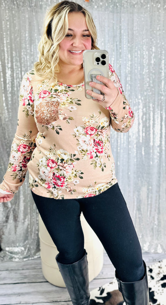 Tan Long Sleeve Floral Rose Gold Glitter Pocket Top