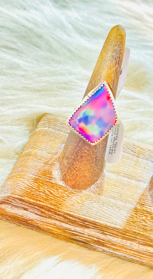 M & S - Rainbow Galaxy Opal Rose McCrae Sterling Silver Ring