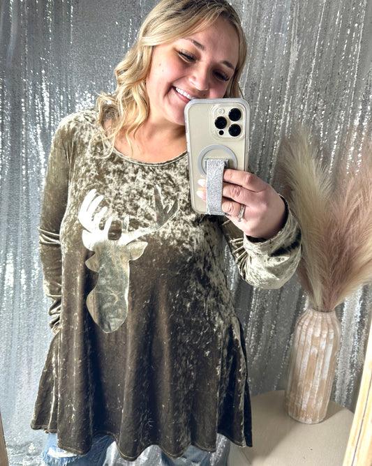 Bronze Velvet Long Sleeve Deer Tunic Top With Pockets