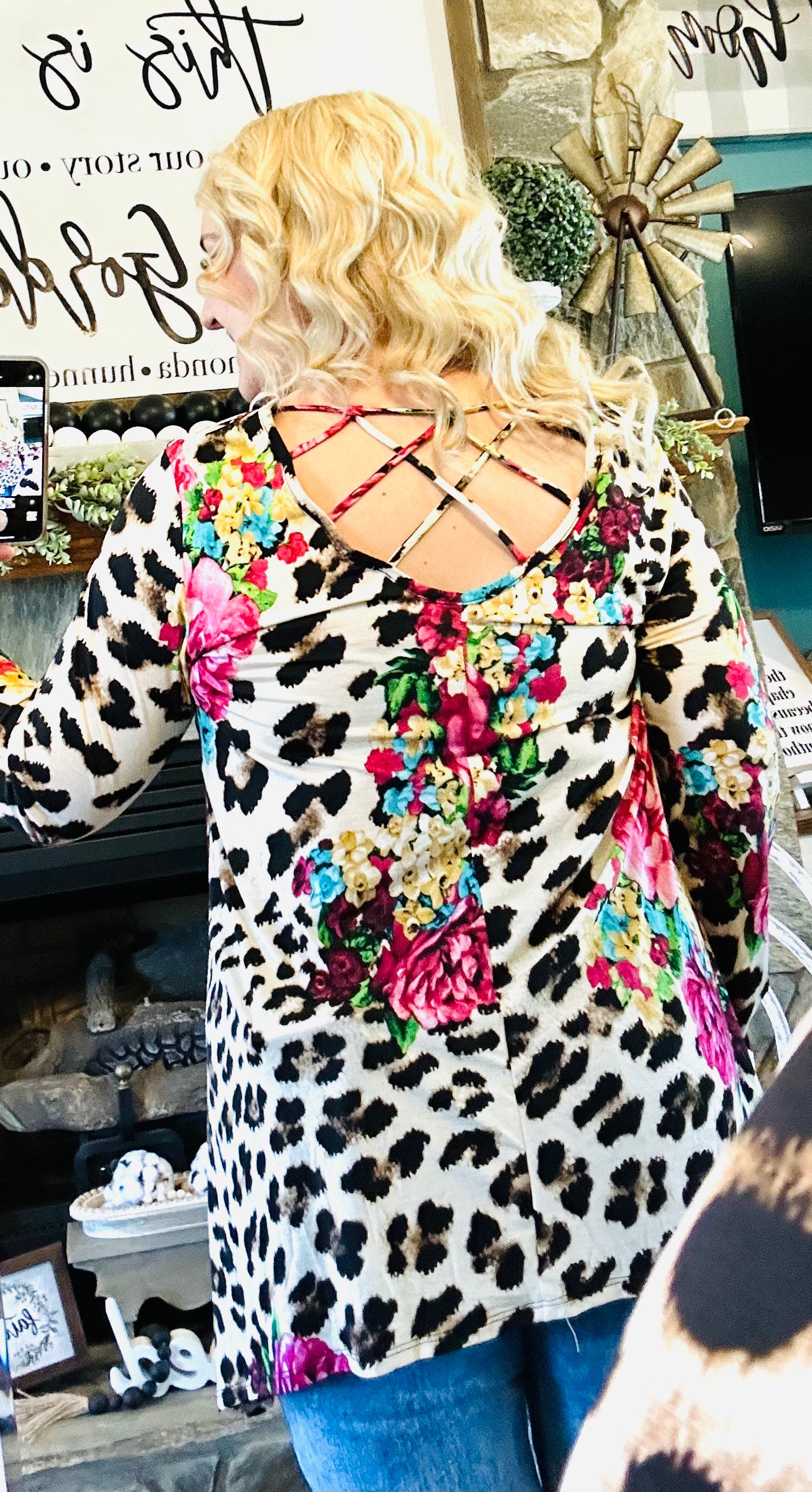 Cheetah / Floral Long Sleeve Criss Cross Back Top