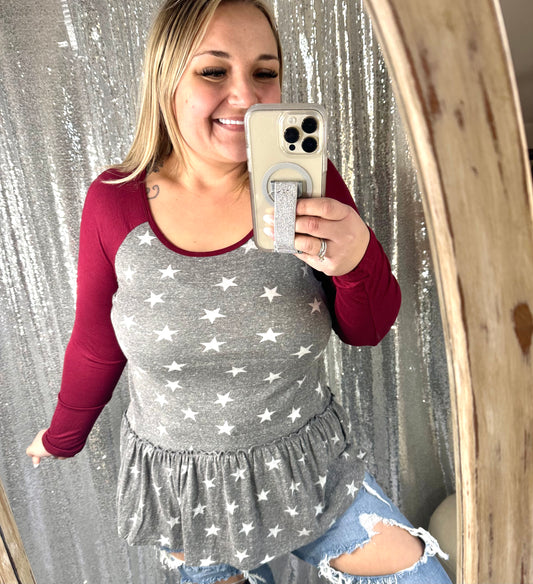 Burgundy Long Sleeve / Grey Star Ruffle Top