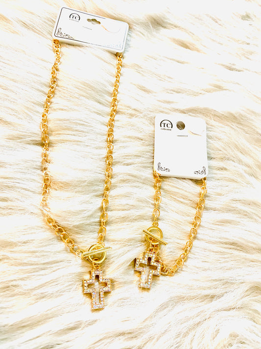 Rhinestone Cross Necklace & Bracelet Set