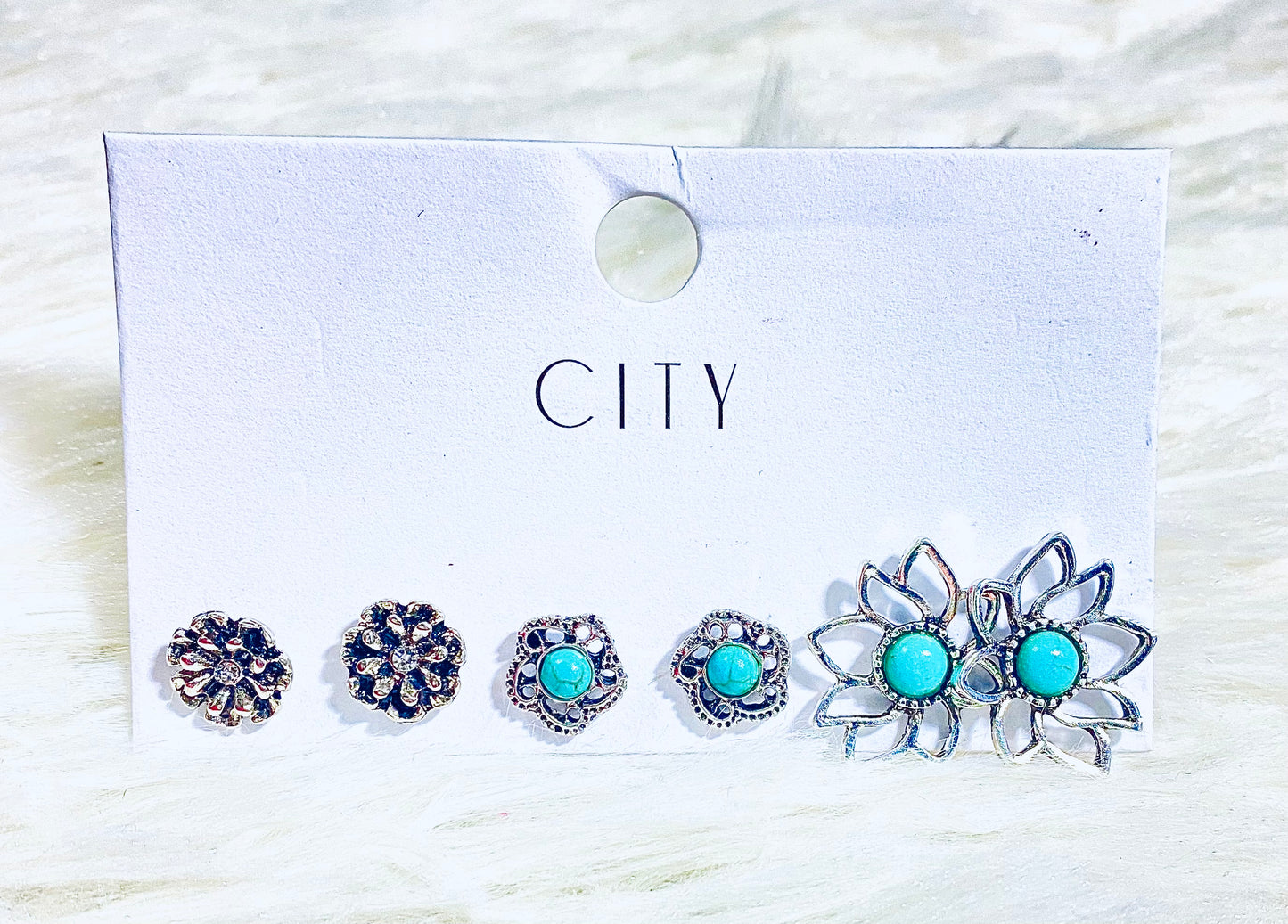 Turquoise Silver Floral Stud Earring 3 Pack