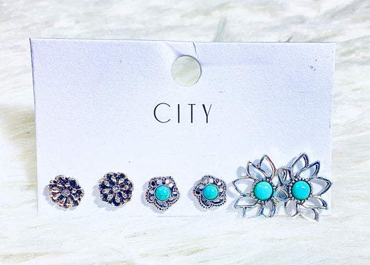 Turquoise Silver Floral Stud Earring 3 Pack