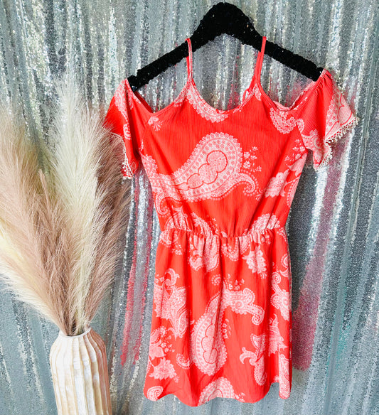 Coral Paisley Open Shoulder Romper